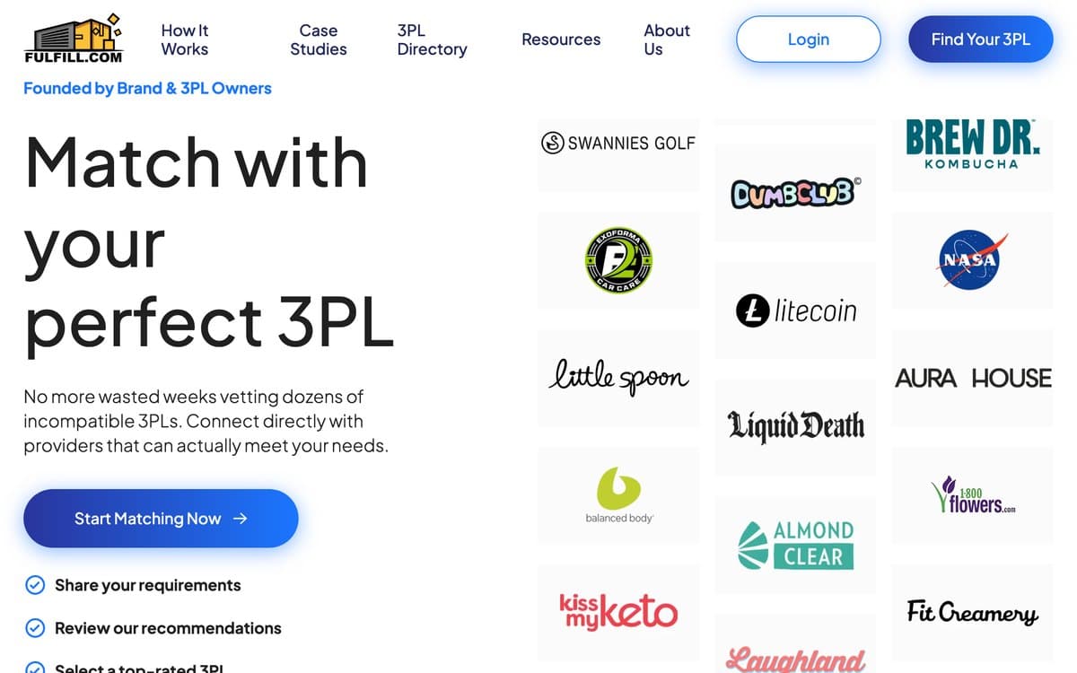 fulfill.com: match with your perfect 3PL, beside a wall of customer logos including NASA, Liquid Death, and 1-800-Flowers