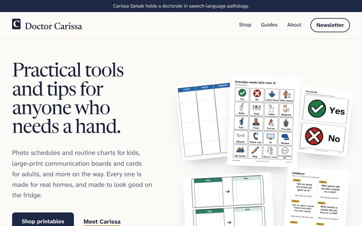 doctorcarissa.com: practical tools and tips for anyone who needs a hand, beside printable boards and schedules
