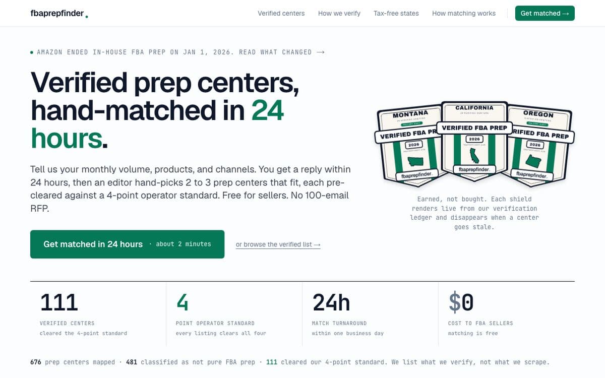 fbaprepfinder.com: verified prep centers, hand-matched in 24 hours, with live verification shields